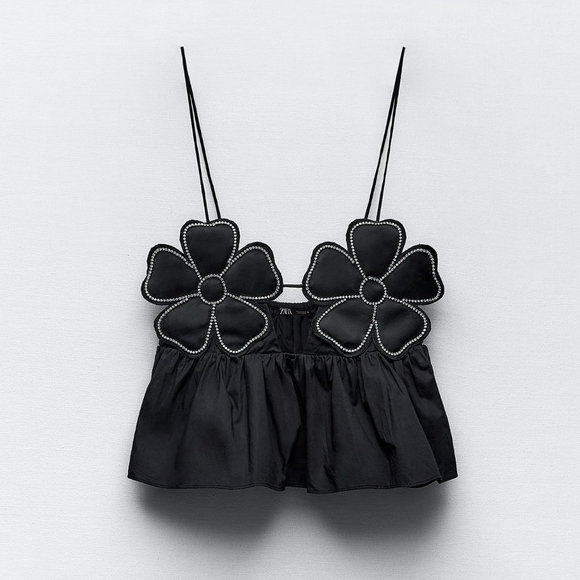 New Zara Rhinestone Floral Poplin Top - 7521/009 - Picture 1 of 15